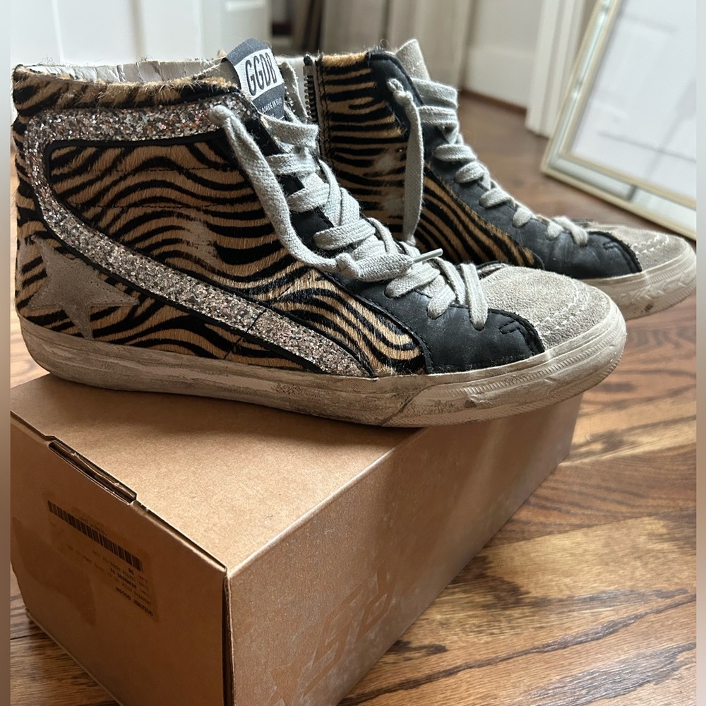 GOLDEN GOOSE size 38 SLIDE HI-TOP SNEAKERS IN COFFEE ZEBRA ICE STAR preowned
